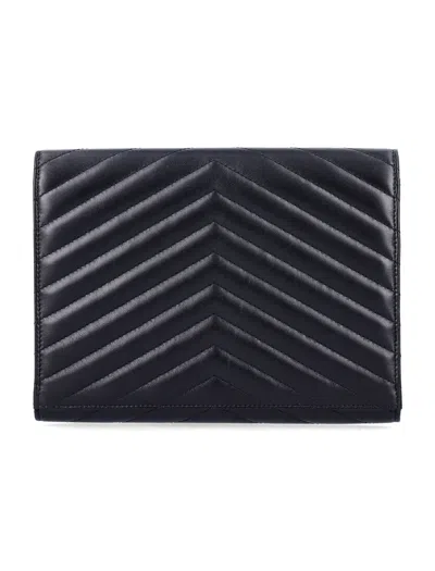 Saint Laurent Cassandre Matelassé Flap Pouch In Quilted Lambskin In Black