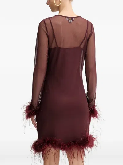 Never Fully Dressed Feather-trim Mini Dress In Burgundy