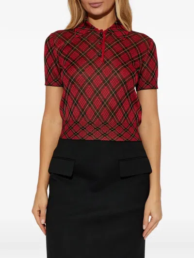 Alexander Mcqueen Microcheck Polo Shirt Lurex Collar Detail In Red