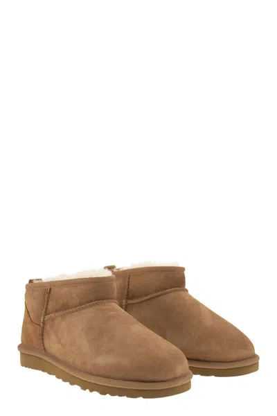 Ugg Biscuit Suede Classic Ultra Mini Ankle Boots In Brown