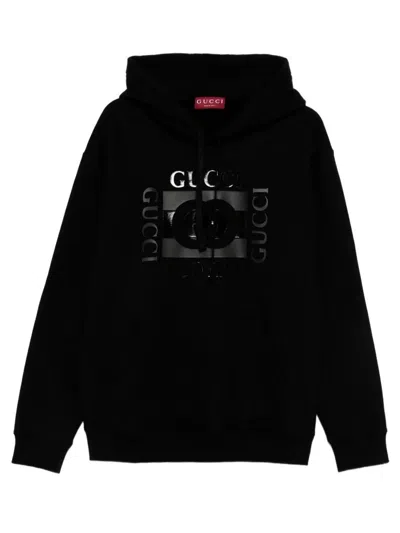 Gucci Men Black Sweatshirt With Hood With Drawstring And Front Logo In Cotton Man In Multi