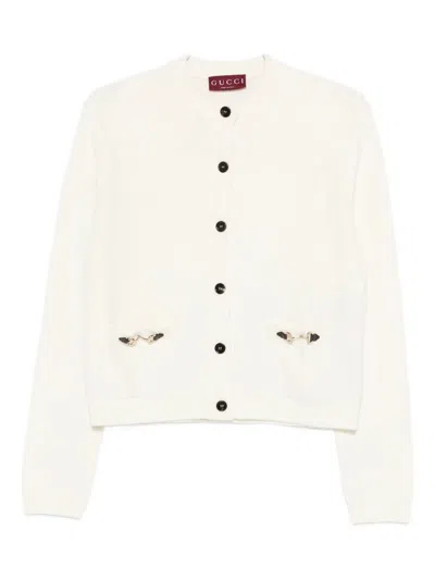 Gucci Women Wool And Cashmere Cardigan With Metal Horsebit In White