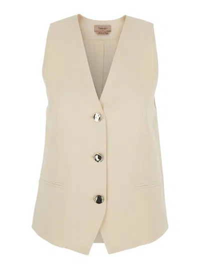 Twinset Beige Vest With V Neck And Front Button Closure In Fabric Woman In Neutral