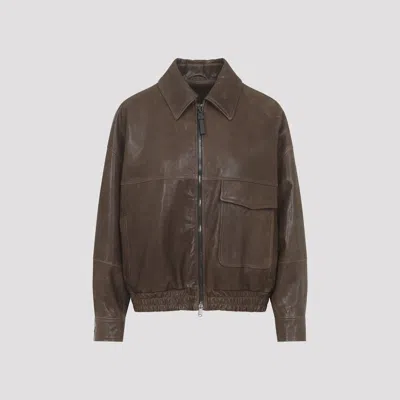 Brunello Cucinelli Leather Bomber Jacket Point Collar Hem In Brown