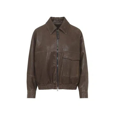 Brunello Cucinelli Leather Bomber Jacket Point Collar Hem In Brown