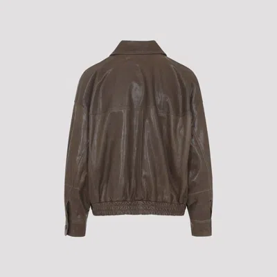 Brunello Cucinelli Leather Bomber Jacket Point Collar Hem In Brown