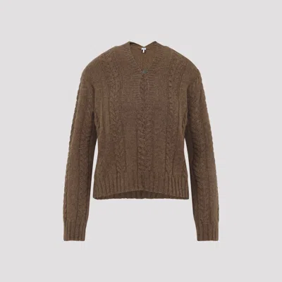 Loewe V Neck Cable Knit Sweater Ribbed Cuffs Hem In Brown