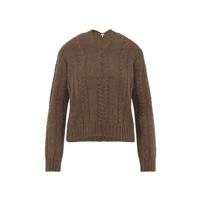 Loewe V Neck Cable Knit Sweater Ribbed Cuffs Hem In Brown