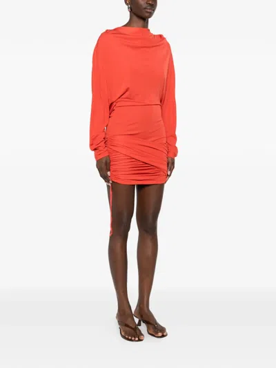 Christopher Esber Luna Long-sleeved Draped Mini Dress In Orange