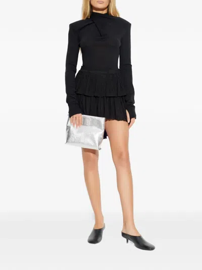 Blumarine Asymmetrical Pleated Georgette Skirt With Ruffle In Black