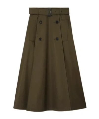Burberry Women Juniper Green Gabardine Midi Trench Skirt In Brown