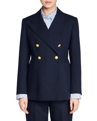 Sandro Womens Navy Blue Double-breasted Slim-fit Wool-blend Blazer In Blue