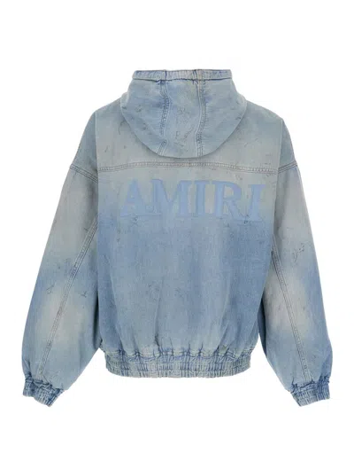Amiri Men Light Blue Jacket With Drawstring Hood And Logo Embroidery On Front And Rear In Denim Man In Blue