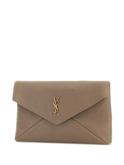 Saint Laurent Large Cassandre Envelope Leather Pouch In Neutral