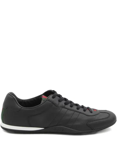 Gucci Men Black Low Top Sneakers With Web Tongue In Leather Man In Black