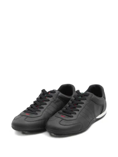 Gucci Men Black Low Top Sneakers With Web Tongue In Leather Man In Black