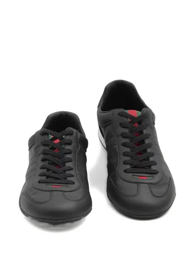 Gucci Men Black Low Top Sneakers With Web Tongue In Leather Man In Black