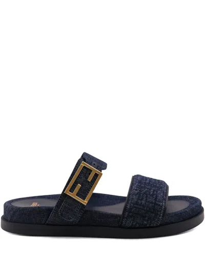 Fendi Double-band Embroidered Slides With Decorative Buckle In Multi
