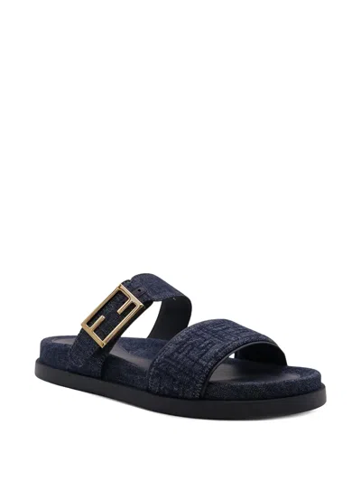 Fendi Double-band Embroidered Slides With Decorative Buckle In Multi