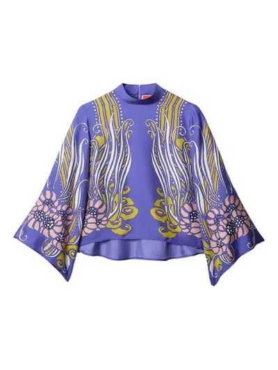 La Doublej Make An Exit Printed Silk Satin Blouse In Blue