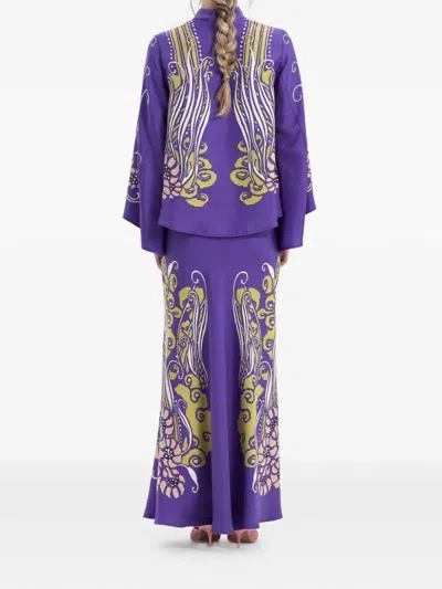 La Doublej Make An Exit Printed Silk Satin Blouse In Blue