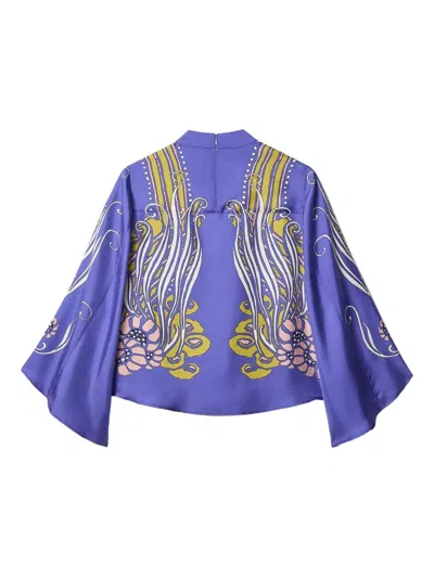 La Doublej Make An Exit Printed Silk Satin Blouse In Blue