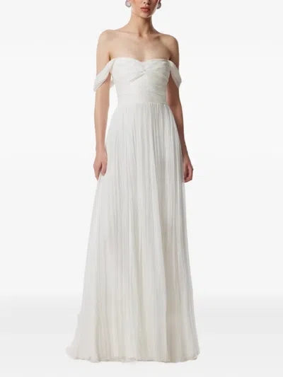 褶饰露肩超长连衣裙