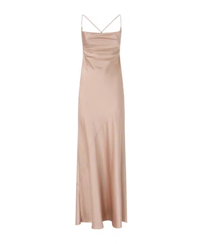 Pinko Pink Sleeveless Long Dress With Criss-crossed Spaghetti Straps In Tech Fabric Woman In Gold