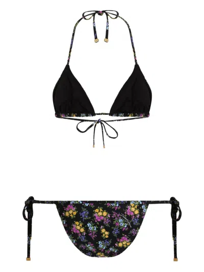 Dolce & Gabbana Small Floral-print Triangle Bikini In Black