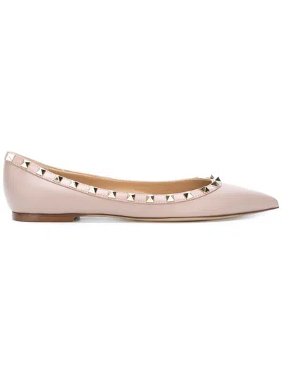 Valentino Garavani Valentino Pointed Toe Flat Shoes With Gold-tone Rockstuds In Pink