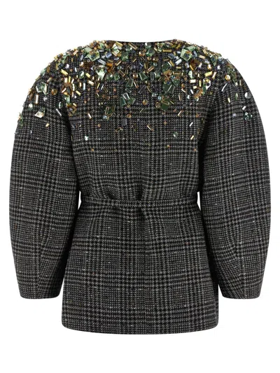 Fendi Tweed Blazer Belted Waist Puff Sleeves In Gray