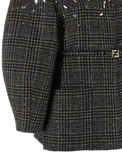 Fendi Tweed Blazer Belted Waist Puff Sleeves In Gray