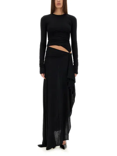 Attico Long Draped Jersey Dress With Pleats In Black