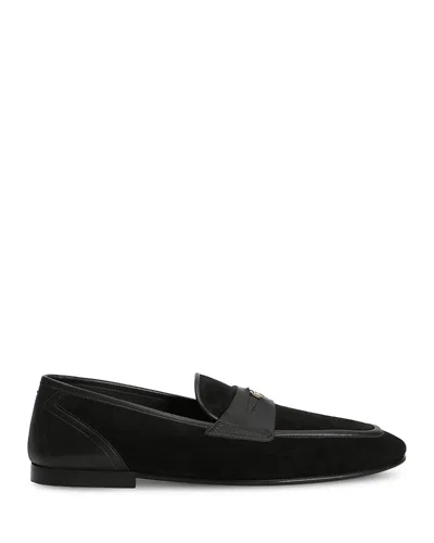 Dolce & Gabbana Ariosto Black Loafers With Metallic Dg Logo Plate On The Front In Leather And Suede Man In Black