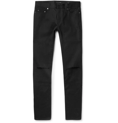 Shop Saint Laurent Skinny-fit 15cm Hem Distressed Raw Stretch-denim Jeans In Black