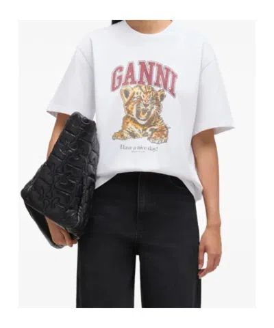 Ganni Womens Bright White Tiger-print Round-neck Cotton-jersey T-shirt Xl