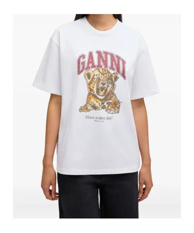 Ganni Womens Bright White Tiger-print Round-neck Cotton-jersey T-shirt Xl