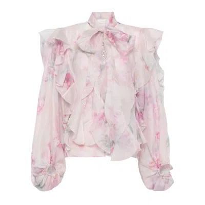 Zimmermann Ruffled Floral High Neck Shirt In Pink