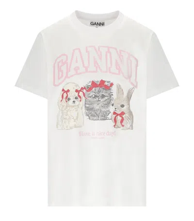 Ganni Graphic Print Crew Neck Short Sleeve Top In White