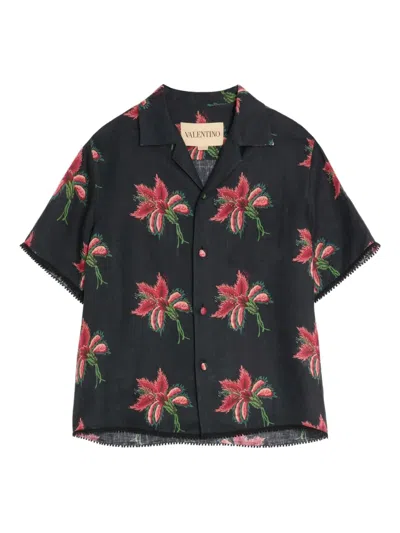 Valentino Camp Collar Shirt Floral Pattern Short Sleeves In Blue