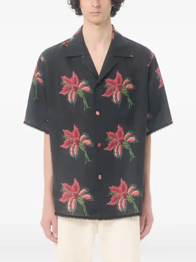 Valentino Camp Collar Shirt Floral Pattern Short Sleeves In Blue