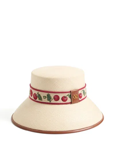 Valentino Garavani Cherryfic Straw Bucket Hat With Leather Trim And Cherryfic Ribbon Woman Natural/s In Neutral