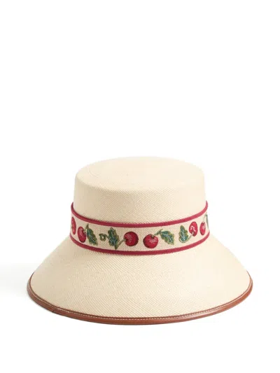 Valentino Garavani Cherryfic Straw Bucket Hat With Leather Trim And Cherryfic Ribbon Woman Natural/s In Neutral