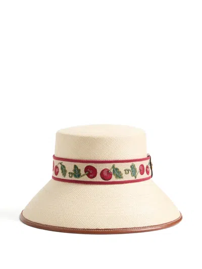Valentino Garavani Cherryfic Straw Bucket Hat With Leather Trim And Cherryfic Ribbon Woman Natural/s In Neutral