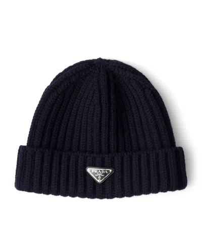 Prada Wool Logo Beanie In Blue