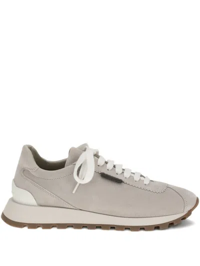 Brunello Cucinelli Lace-up Sneakers With Rubber Sole And Grey Laces In Nude