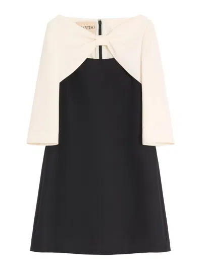Valentino Garavani Crepe Couture Short Dress With Bow And Contrasting Sleeves Clothing In Black