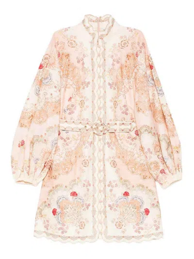 Zimmermann Linen Mini Dress With Floral Print And Scalloped Edges In Multi
