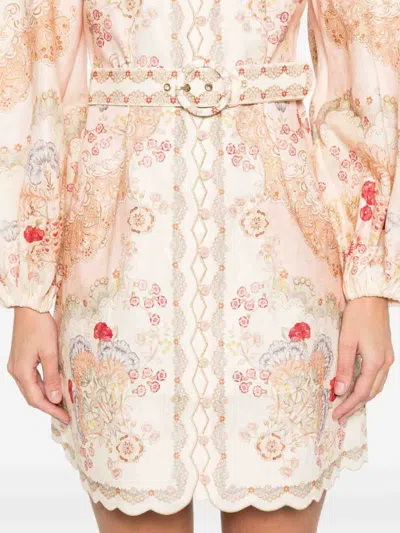 Zimmermann Linen Mini Dress With Floral Print And Scalloped Edges In Multi