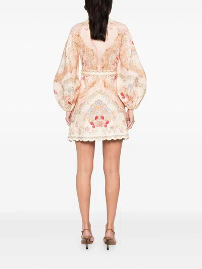 Zimmermann Linen Mini Dress With Floral Print And Scalloped Edges In Multi
